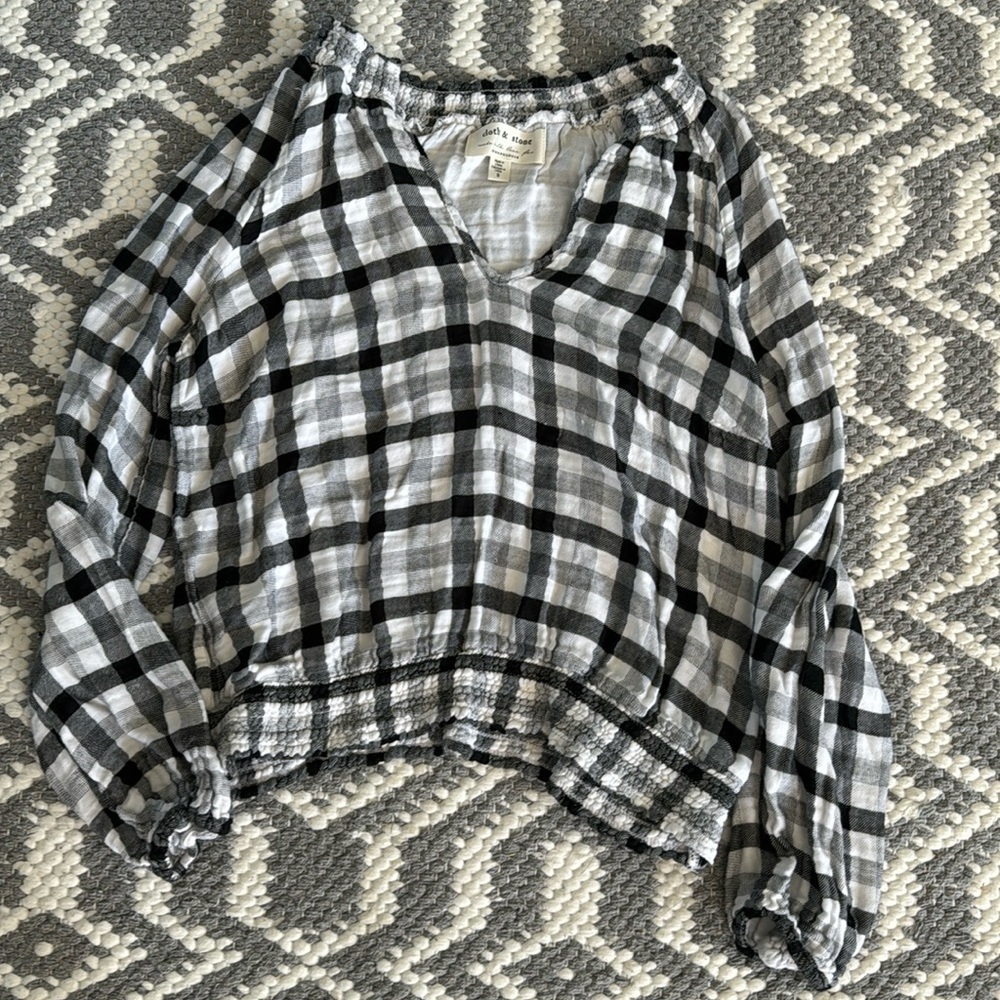 🍍 Anthropologie Cloth & Stone Sara Plaid Blouse Top Shirt Black and White S🍍@15